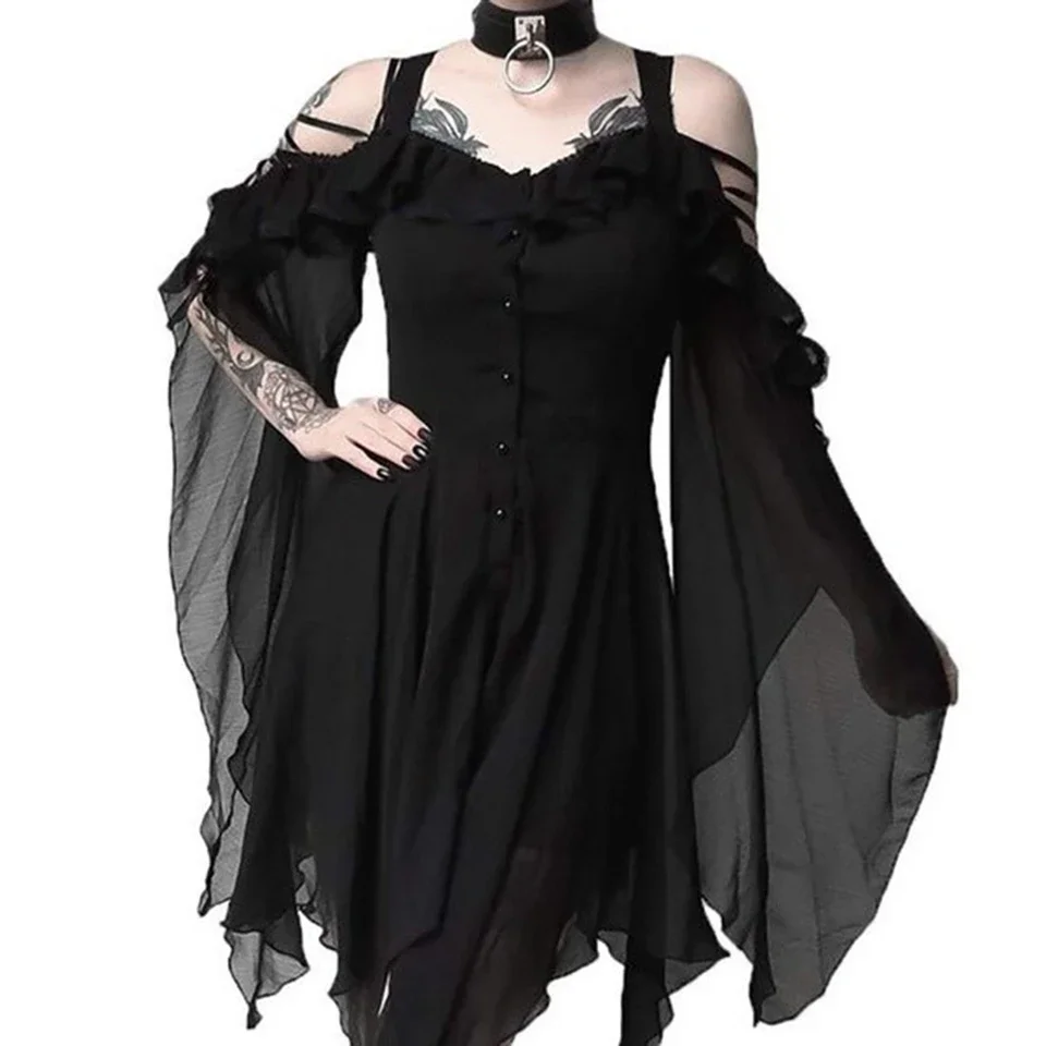 

1pc Women's Gothic Vintage Slim Mesh Dress Renaissance Unique Irregular Party Club AltGoth Aesthetic Gothic Dress