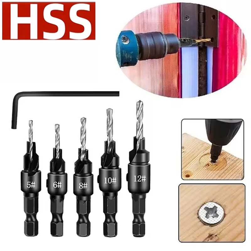 

5 шт., набор сверл с потайной головкой для деревообработки, инструменты для снятия фаски из быстрорежущей стали, шестиугольная ручка, съемные сверла с потайной головкой