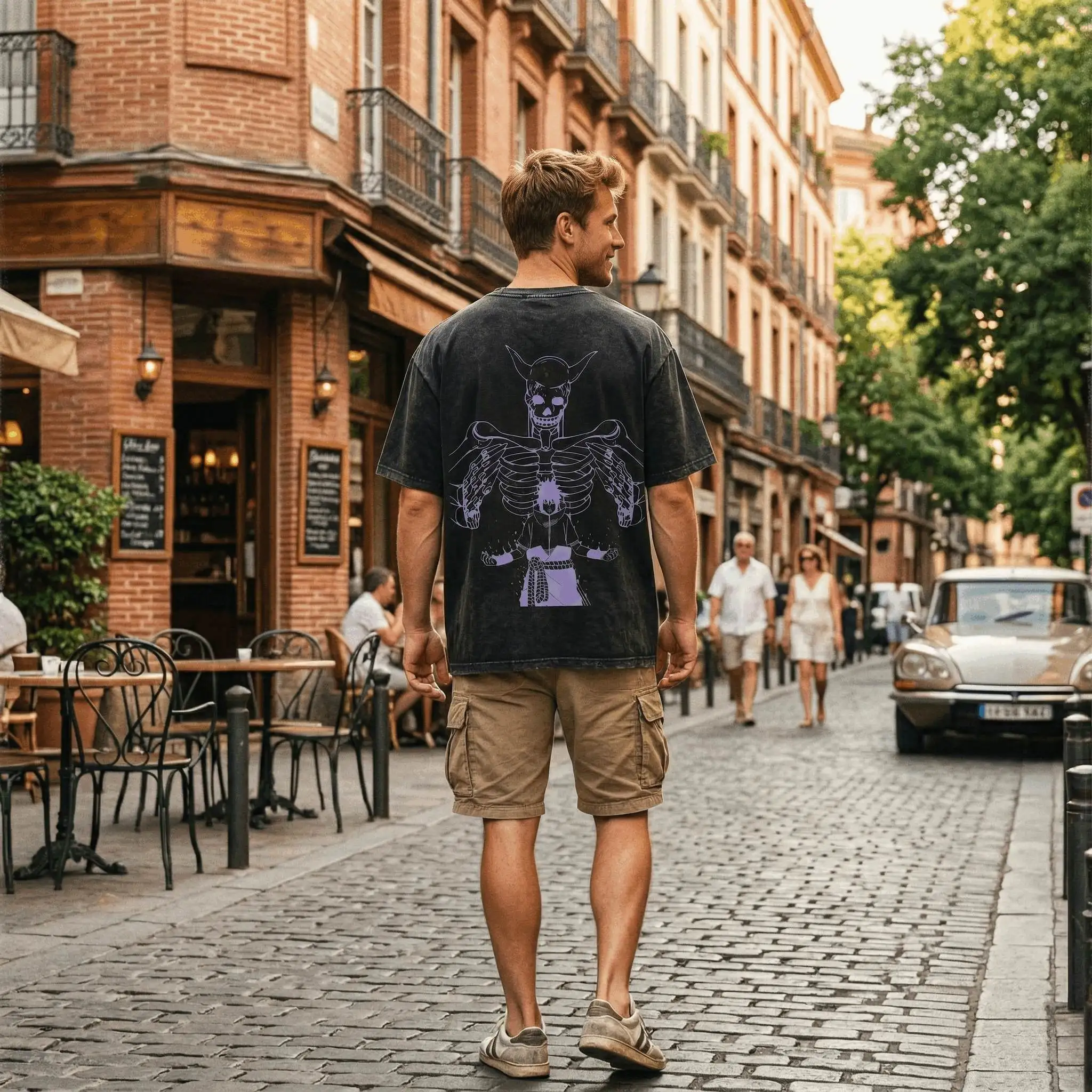 Naruto Sasuke Susanoo T-Shirt Herren Unisex Gewaschene Baumwolle Übergroßes Harajuku Streetwear Grafik-Top Sharingan Schwarz Lila