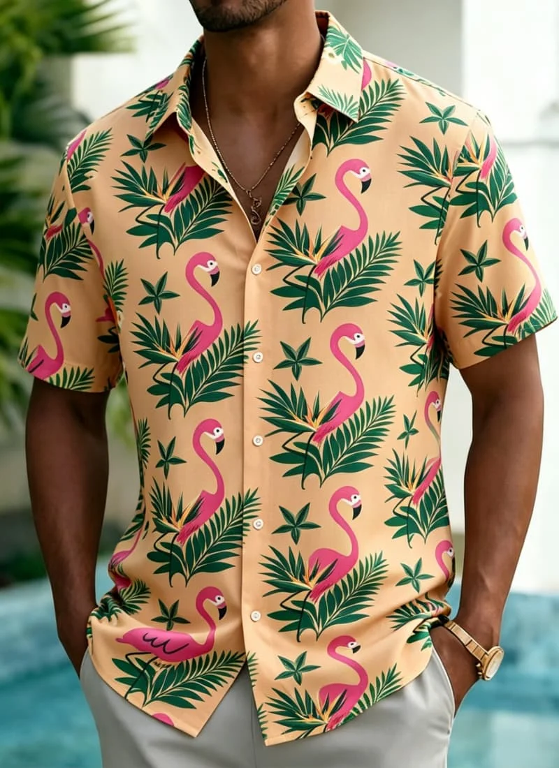 

Men's artistic bird and plant print shirt, casual wear, suitable for summer, beach travel, daily travel, and street fashion