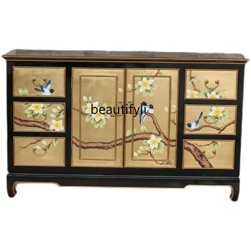 New Chinese Style Hand Drawn Flowers and Birds Sideboard Cabinet Storage Decoration Six Bucket Double Door