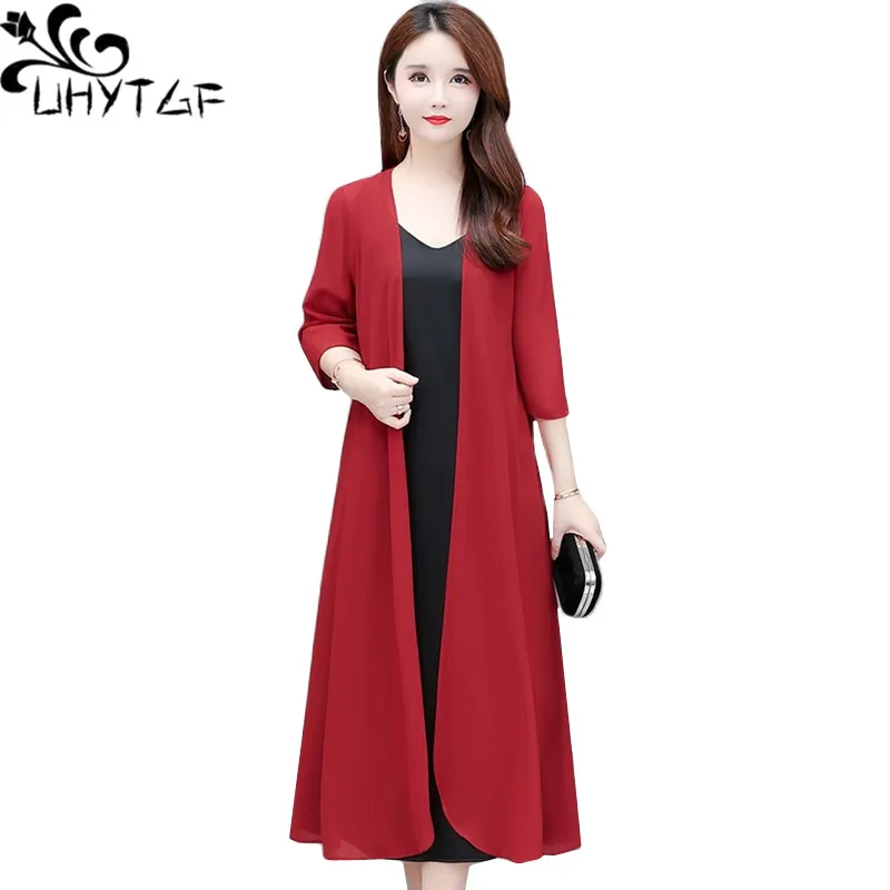 

UHYTGF 2022 Summer Coat Women's V-Neck Ice Silk Cardigan Female Thin Sun Protection Clothing Chiffon Shawl Long Jacket 6XL 1779