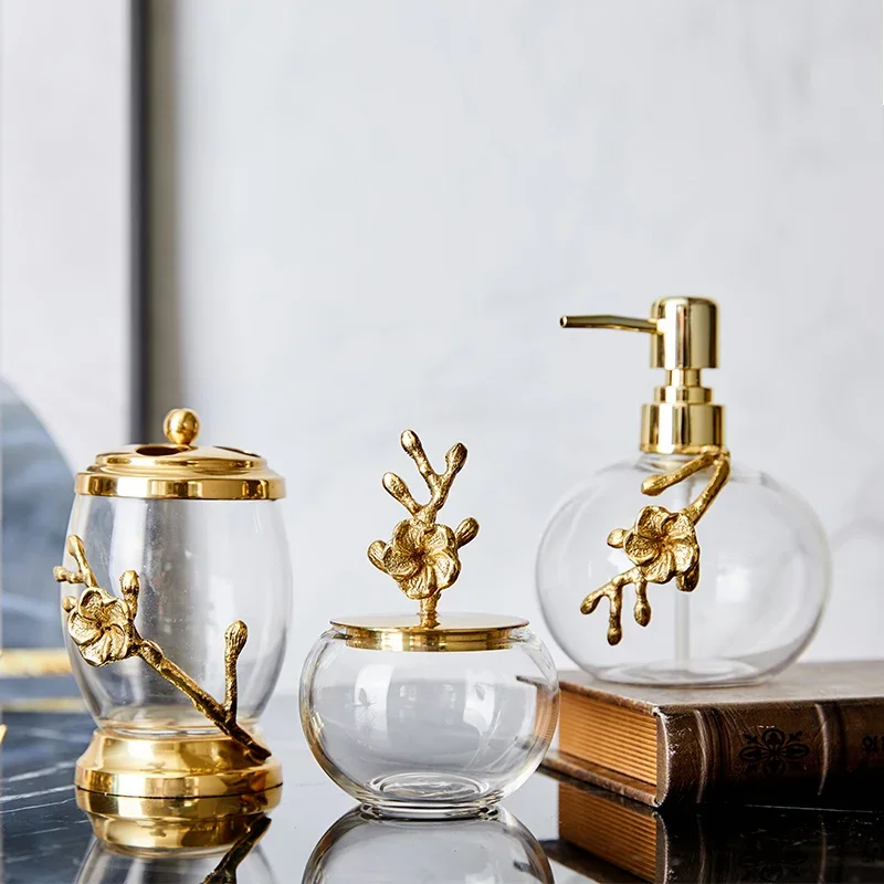 Light Luxury Bathroom Accessories Brass Transparent Crystal Glass Lotion Bottle Storage Tank Cotton Swab Box Marble Storage Tray