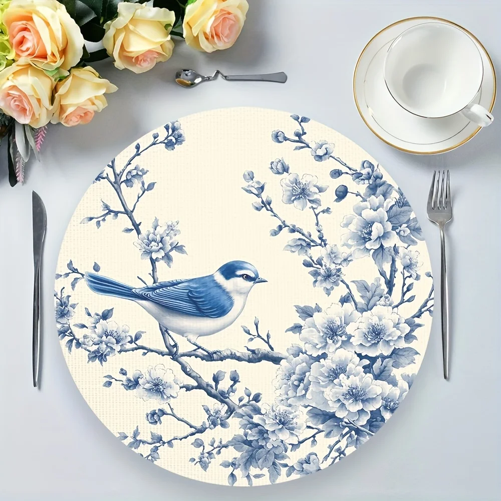 VIKAMA 4PC Blue and White Flower and Bird Meal Mat Chinese Rural Style Table Decoration and Accessories