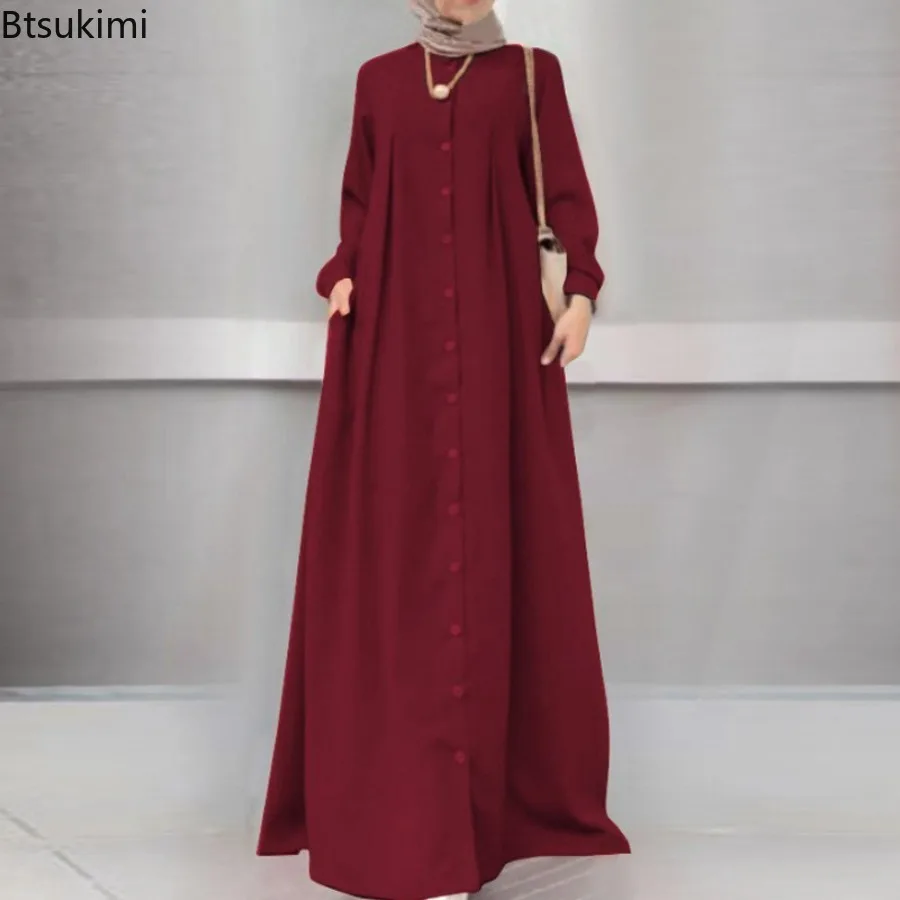 2024Spring Autumn Maxi Long Dress Women Muslim Long Sleeve Dress Loose Casual Dresses Vintage Hijab Islamic Clothing Caftan Robe