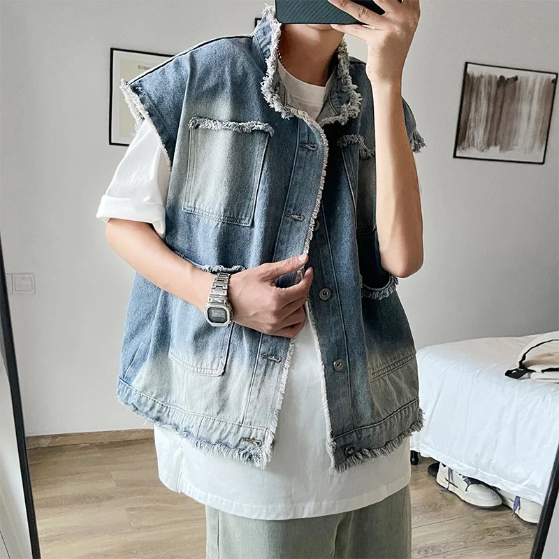 

Korean Style Men's Denim Vest Jacket Asymmetrical Hemline Sleeveless Summer Fashionable Casual Loose Fit for Couples