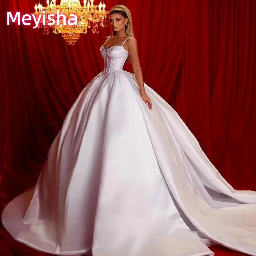 Customized ZJ6093 Luxury Satin Wedding Gowns With Pockets 2026 Princess Bridal Dress Crystal Lace Bodice Spaghetti Straps