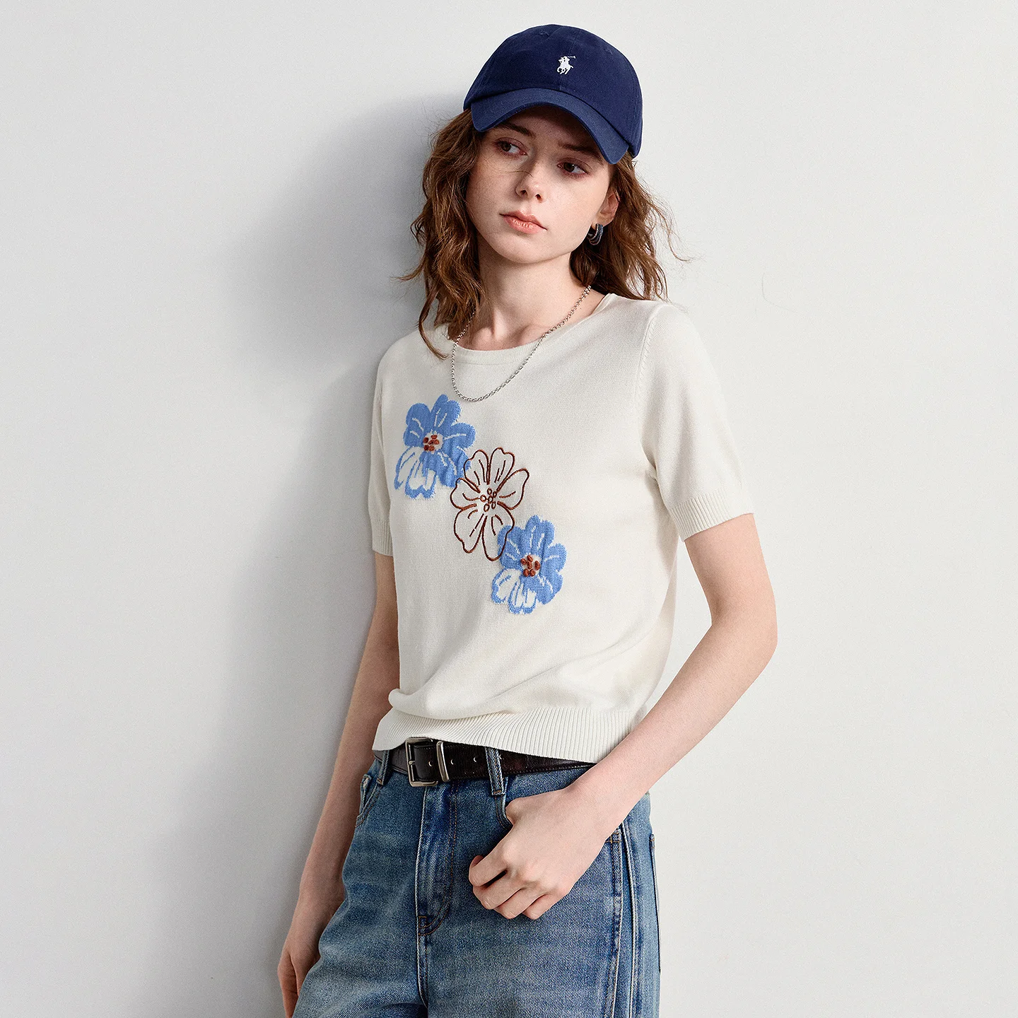 TOYOUTH Women Knitwear 2026 Summer New Lyocell Crew Neck Regular Fit Figure-Flattering Floral Jacquard Trendy Tops
