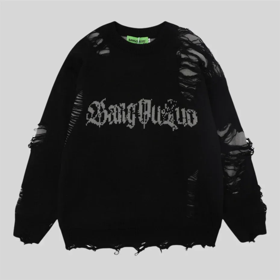 

Torn Smooth Sweater Men Retro Ripped Hole Knitted Letter Plain Jumpers Men Streetwear Hip Hop Harajuku Punk Gothic Sweaters