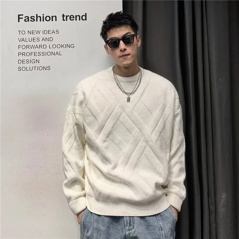

Men's round Ne Knitted Sweater Pure Color Diamond Pattern Base Layer irt Slim Fit Casual Sle Polyester Fiber Winter Top