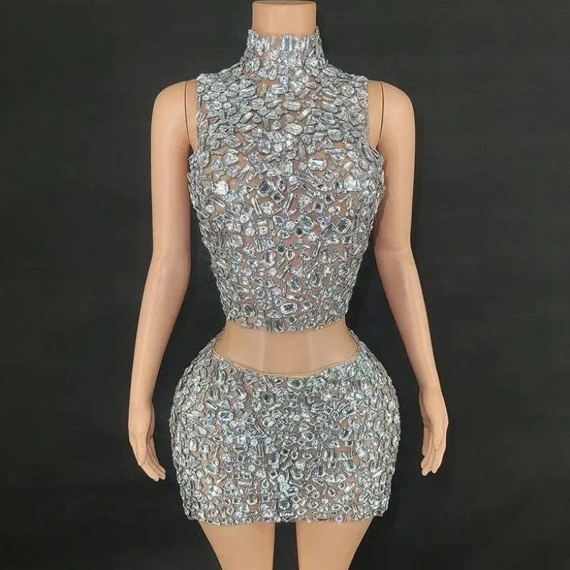 Flashing Rhinestone Chain Sexy Halter Backless Sheath Two-Pieces Set Birthday Evening Party Celebrate Costume Nightclub Outfit