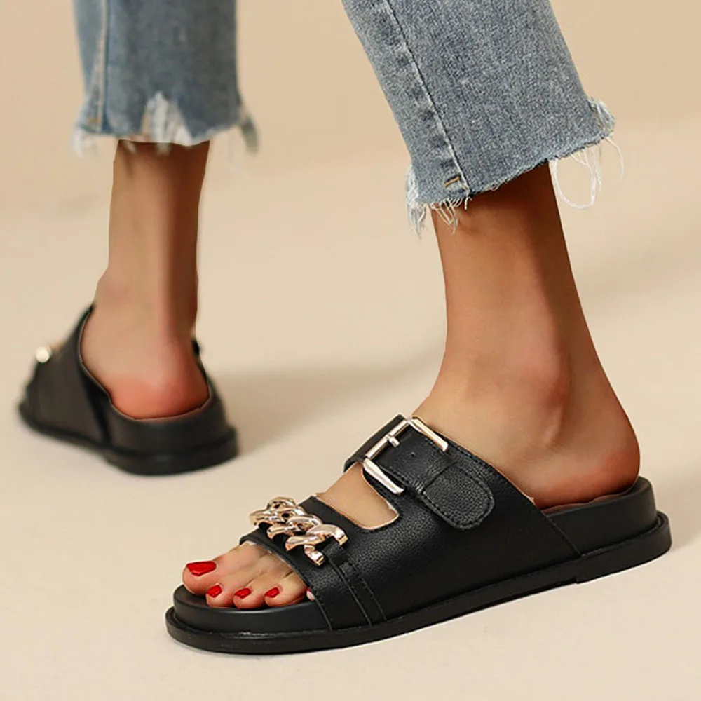 Beach Sandals Women 2024 Summer New Mental Chain Ladies Flat Casual Sandals 35-43 Large-Sized Female Buckle Comfy Slippers