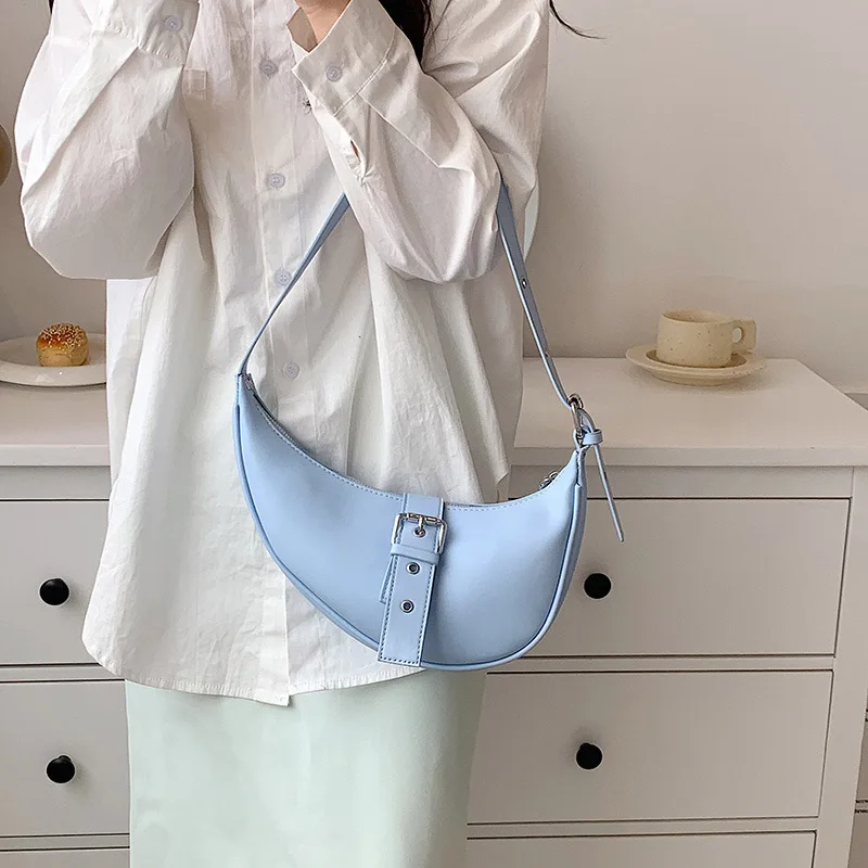 Solid color Leather Saddle Crossbody Bag for Women Underarm Bag Fashion Luxury Brand Shoulder Handbag and Purse Lady Belt Design