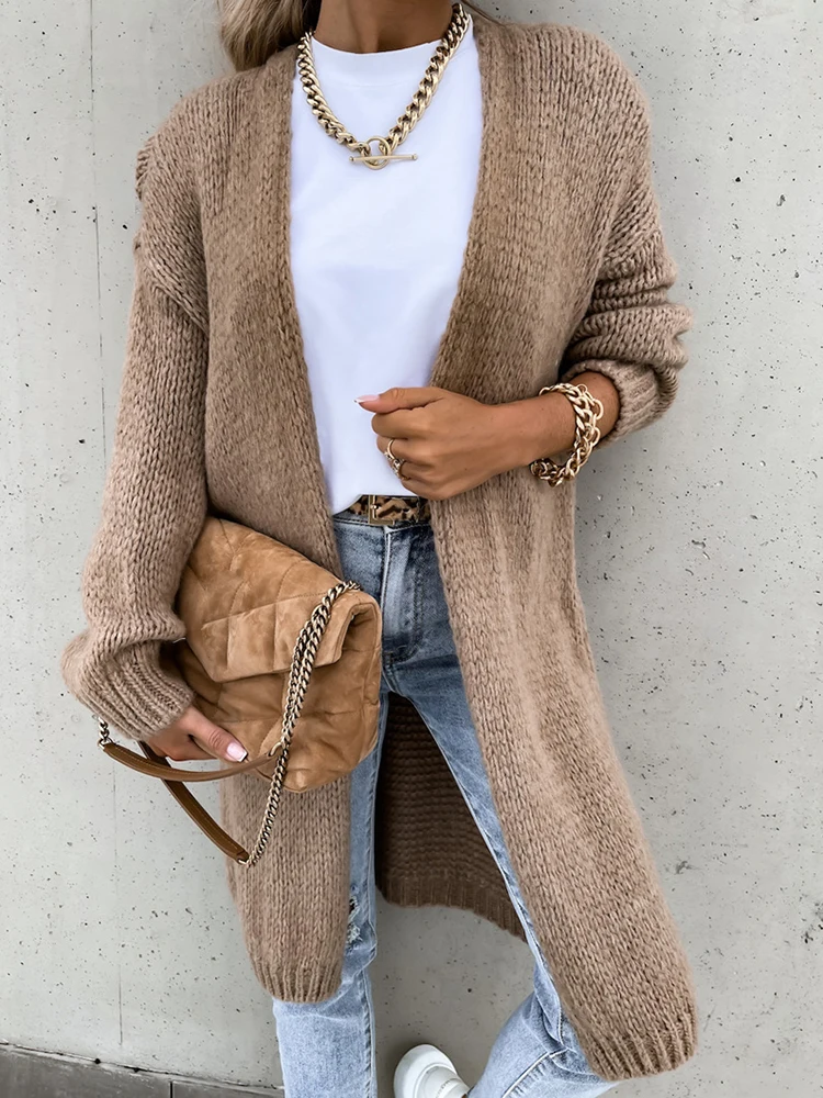 V Neck Long Sleeve Patchwork Sweaters, Women Autumn Winter Solid Simple Loose Fit Coats, Loungewear Elegant Ladies Maxi Cardigan