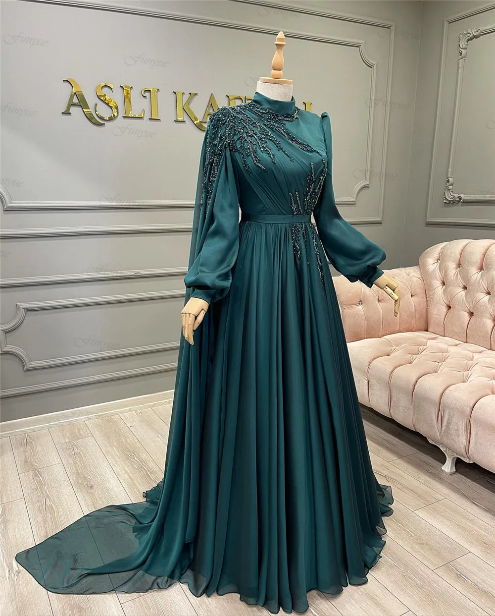 Teal A-Line Long Sleeve Formal Dress Lace Beaded Chiffon Moroccan Caftan Muslim Evening Party Gowns 2022 New