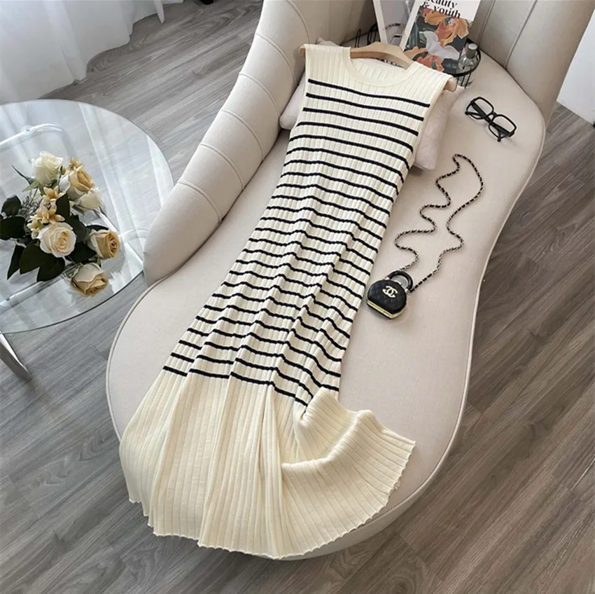 

Runway Designer Vintage High Quality Summer Women Striped Casual Codycon Fashion A Line Sleeveless O Neck Knitting Vest Dress