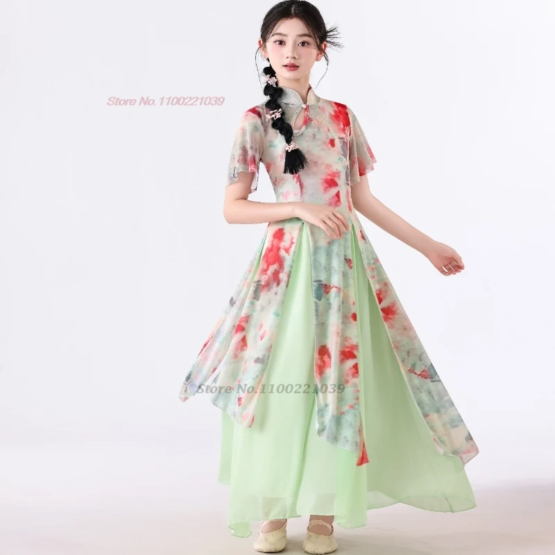 2025 chinese vintage children dance costume flower print mesh qipao dress+pants traditional children stage performance cheongsam