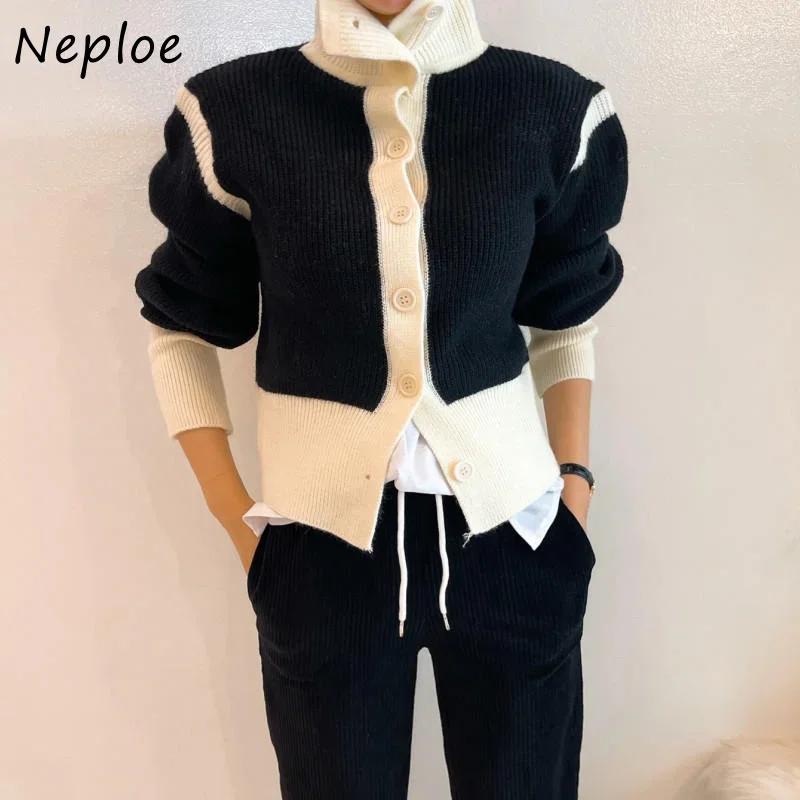 Neploe Turtleneck Contrast Color Patchwork Outerwear Single-breasted Slim Sweater Women Autumn Winter Cardigan Korea Style