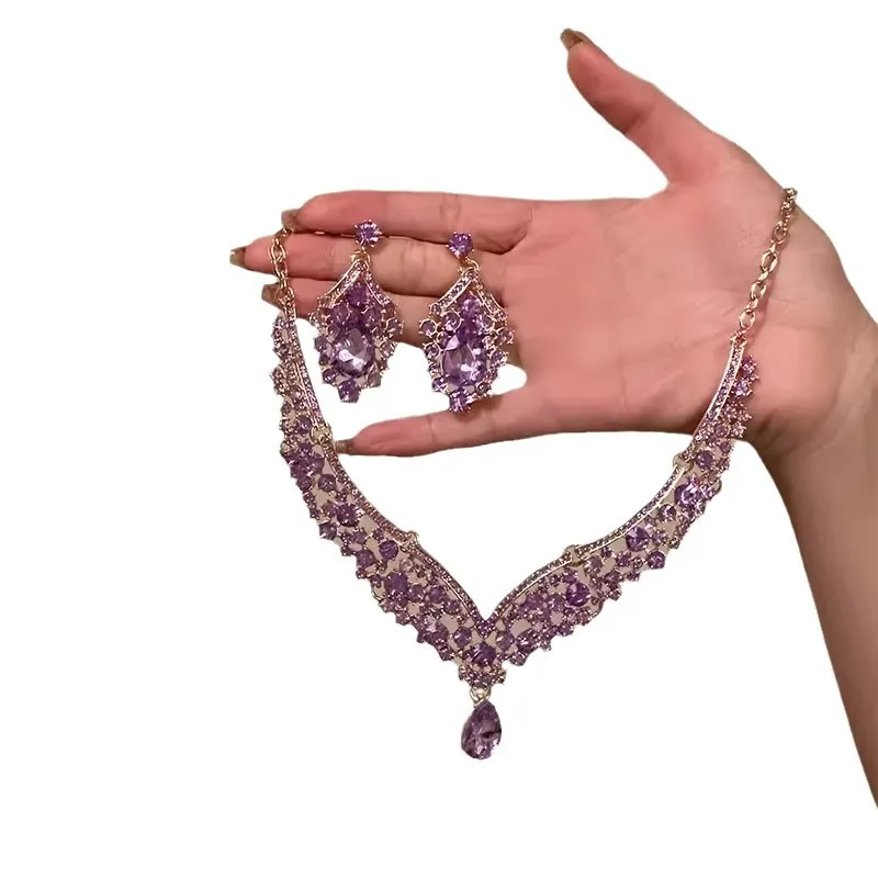 

Light Luxury Ultra Sparkling Purple Water Diamond Water Drop Necklace for Women's Light Luxury European and American Style Set