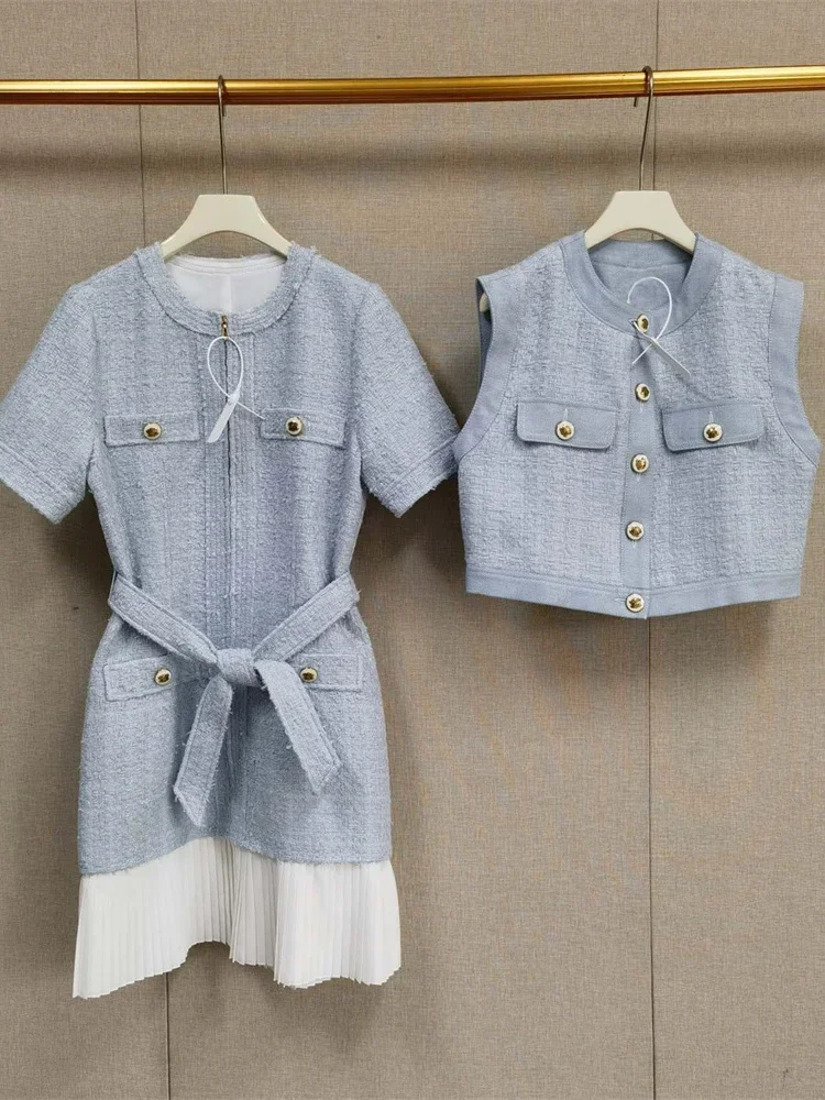 

2025 New Women Zipper Tweed Mini Dress Short Sleeve O-Neck Splices Pleated Short Robe with Sashes or Sleeveless Vest