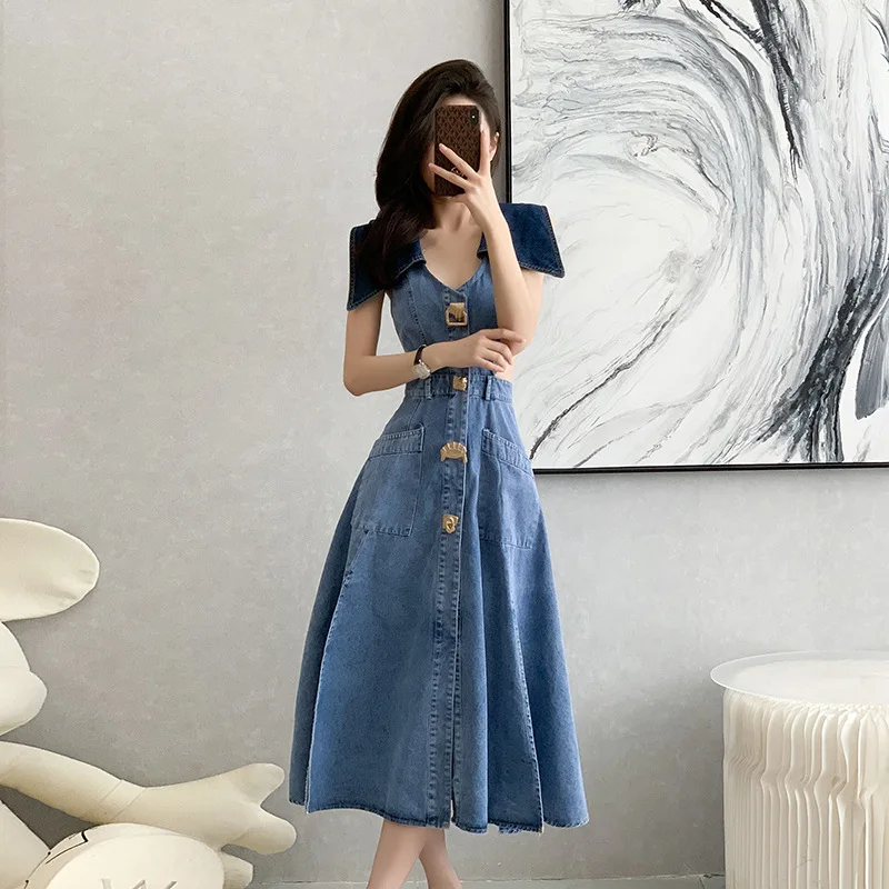 APIPEE Retro Denim Dress Women's 2024 Summer Shirt Collar Hollow Split Waist Long Frock Sleeveless One-piece Sexy Denim Dress