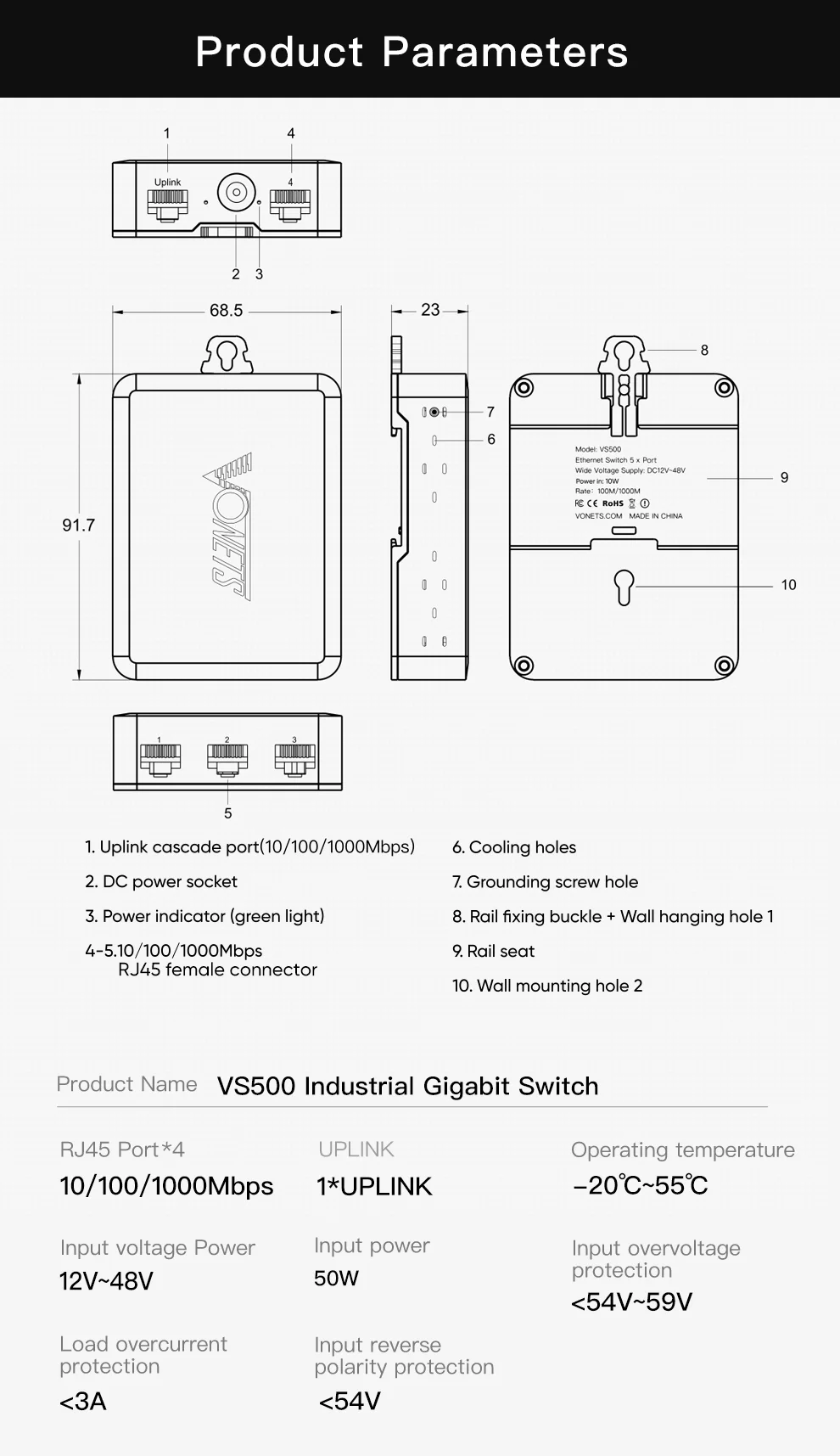 Imagem -05 - Vonets Switch de Rede Gigabit Ethernet Plug And Play Metal Rj45 Divisor Ethernet Industrial Vs500 Portas 1000m