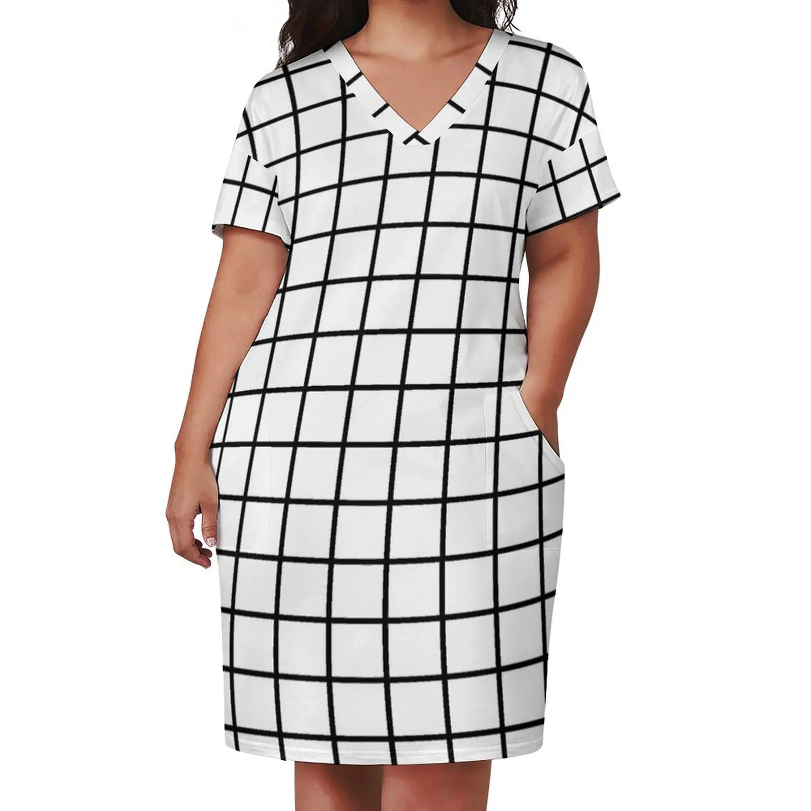 White and black windowpane pattern Loose Pocket Dress Women