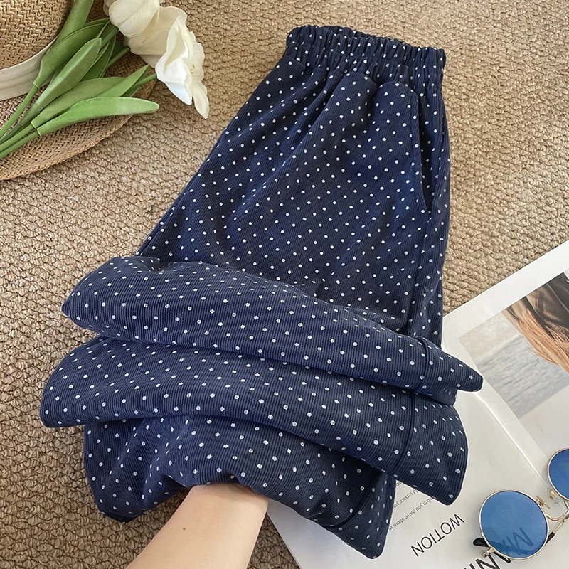 Pantalon décontracté en velours côtelé bleu à pois, taille haute, jambes longues et droites, coupe ample, fin, nouvelle collection printemps automne