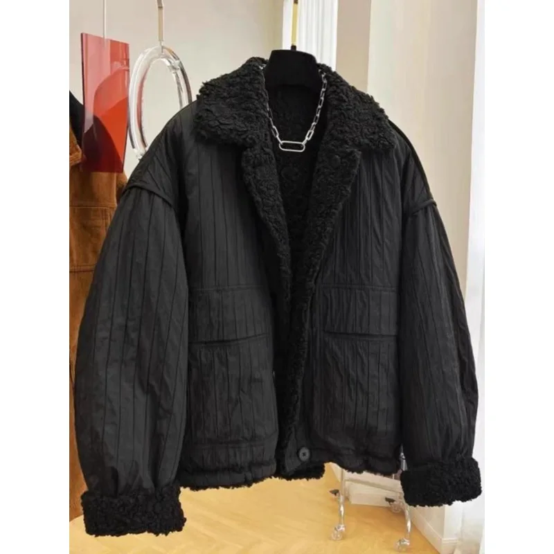 

Новинка зимы 2025 года, Maillard, американское повседневное модное двустороннее черное толстое пальто из овечьей шерсти, женская одежда