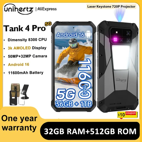 Unihertz by 8849 Tank 4 Pro 5G Phone Built-in 720P Projector Dimensity 8300 16GB/18GB 3k AMOLED 11600mAh IP68/IP69
