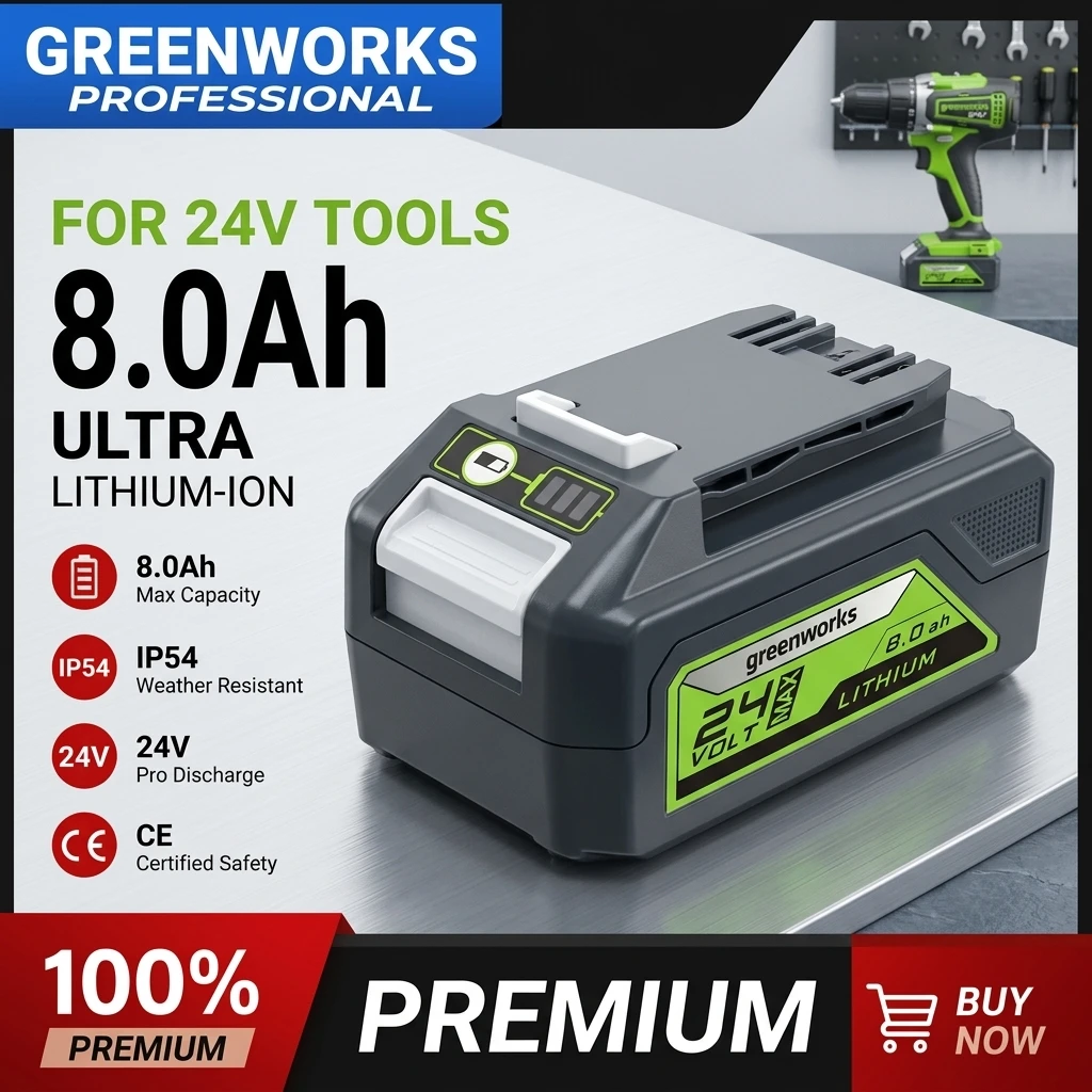 Image of Neuester 24V 8,0Ah Lithium-Akku für Greenworks 24V Elektrowerkzeuge, Schnellladung, MO24B410 MO48L4211 HT24B210 21342 Ersatzakku