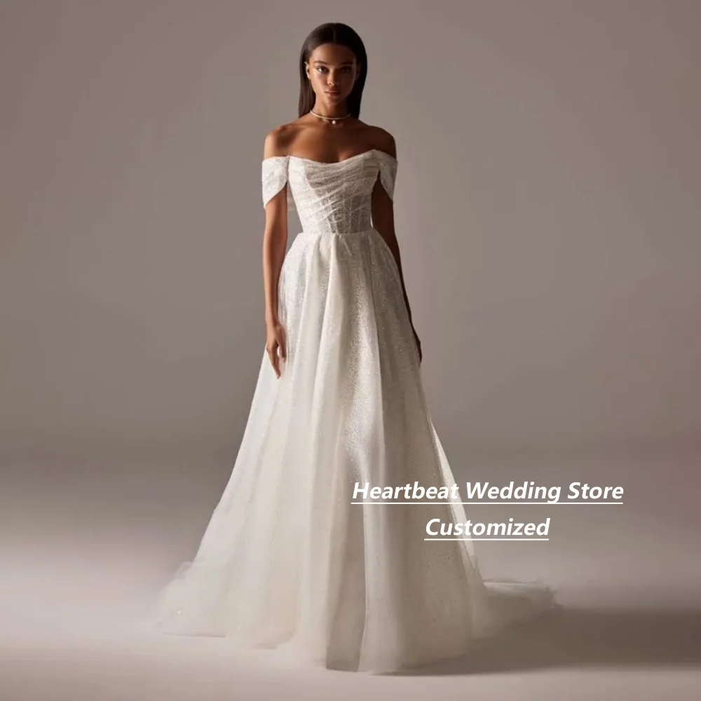 Customized Sparkle Tulle Wedding Dress Off Shoulder Bridal Gown A Line Corset Back with Pockets Wedding Gown for Bride
