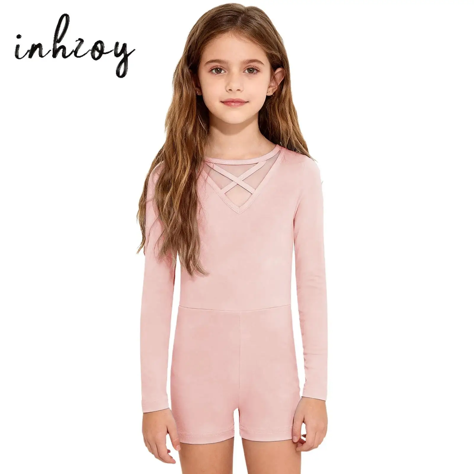 

Kids Girls Gymnastics Bodysuit Ballet Dance Practice Rompers Long Sleeves Sheer Mesh Cross Front Back Jumpsuit Yoga Dancewear