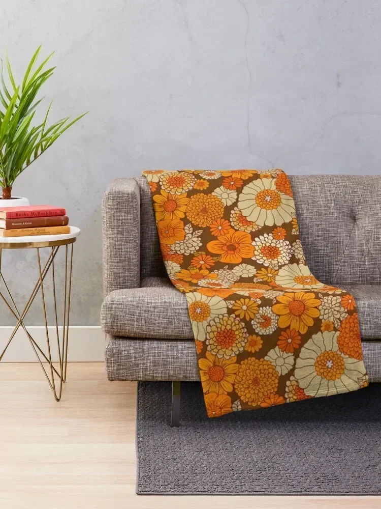 70s retro daisies, vintage flower power, orange and brown, boho, Throw Blanket Fashion Sofas Hairys Flannel Fabric Blankets