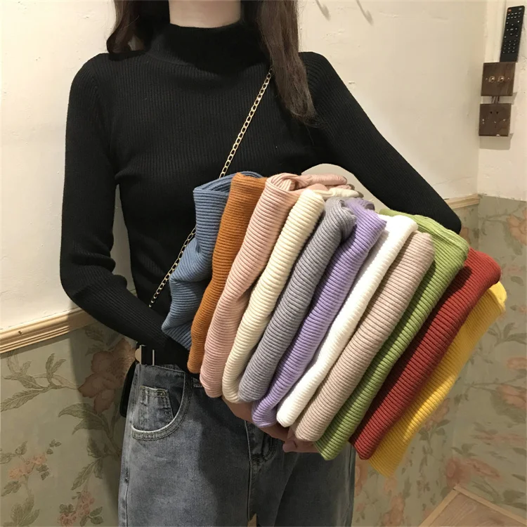 Autumn Winter Mock Neck Women Sweater Basic Solid Knitted Tops Casual Slim Pullover Korean Sweaters Simple Chic Jumpers 2024