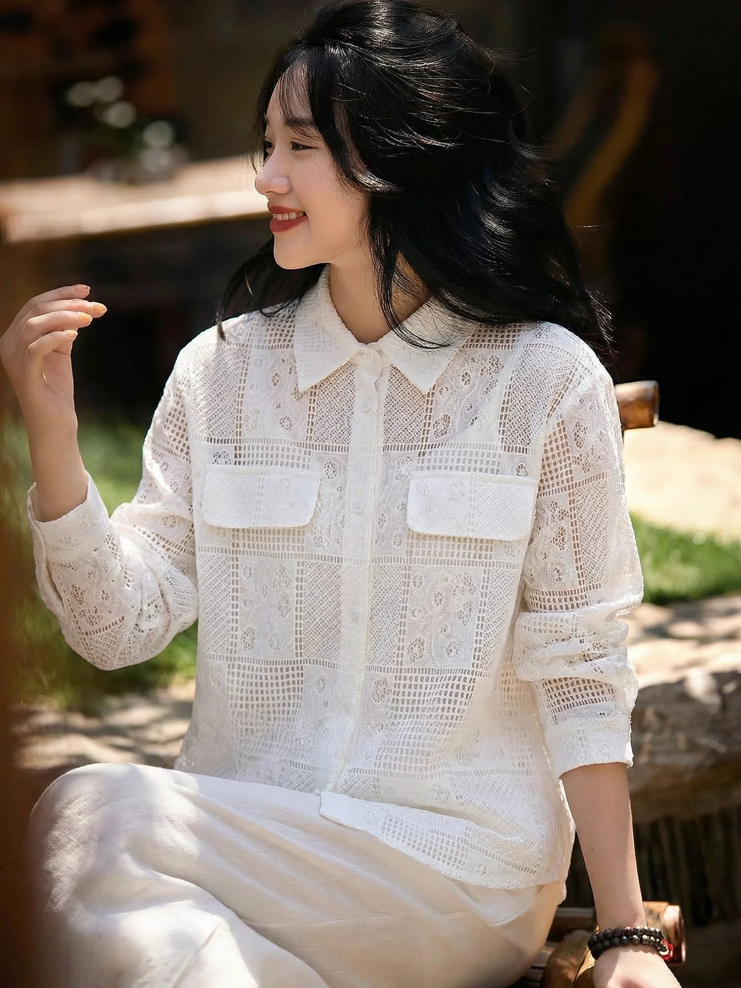 

Женская блузка с защитой от солнца, кружевными вставками и длинными рукавами, французский крой, из смесового хлопка и полиэстера, весна-лето, белая