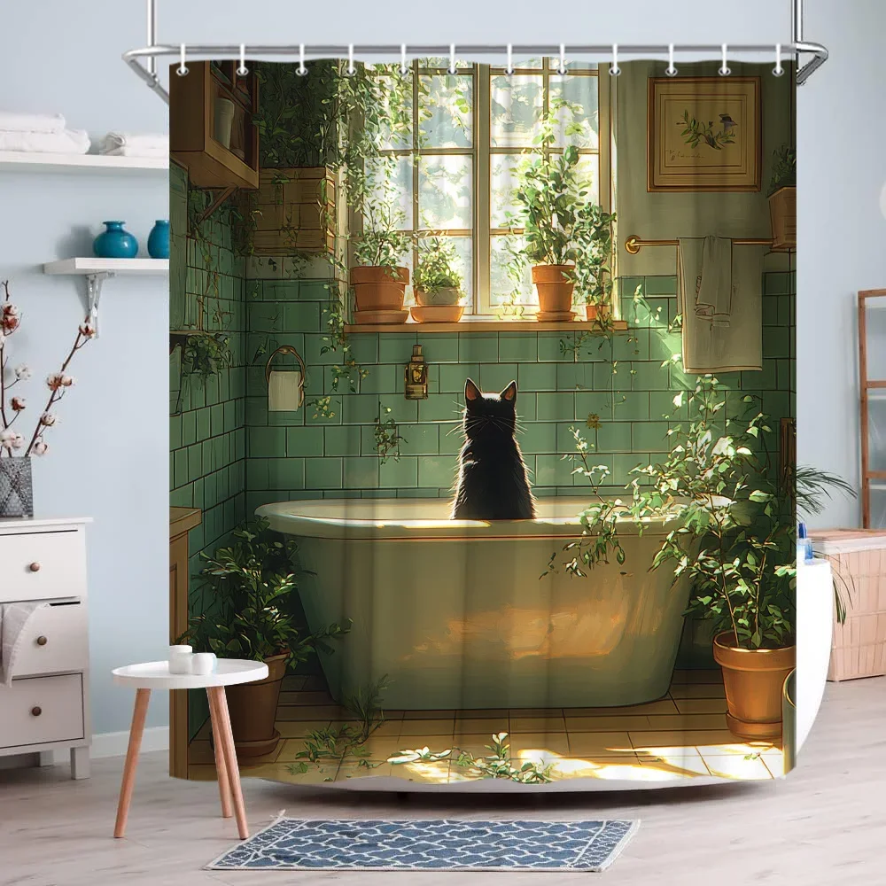 

Занавеска для душа для ванной комнаты «Черный кот в солнечном свете»-зеленая занавеска для душа в стиле ретро с узором для ванной комнаты, декоративная занавеска для душа 180x180 см