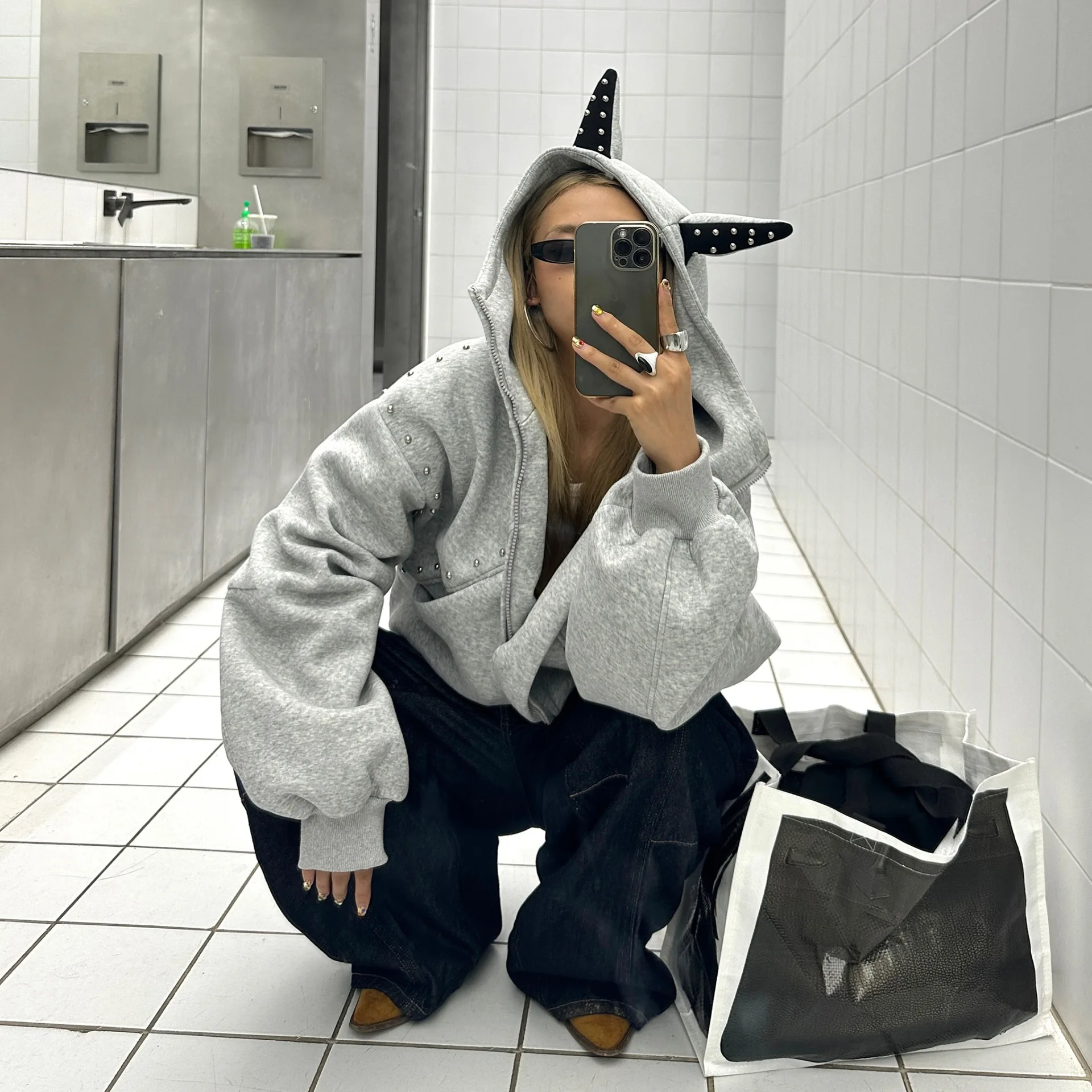 

Autumn New Doberman Studded Hoodie Women's Oversized Vintage Streetwear Cotton Designer Pullover Casual Retro Trendy Sweatshirt