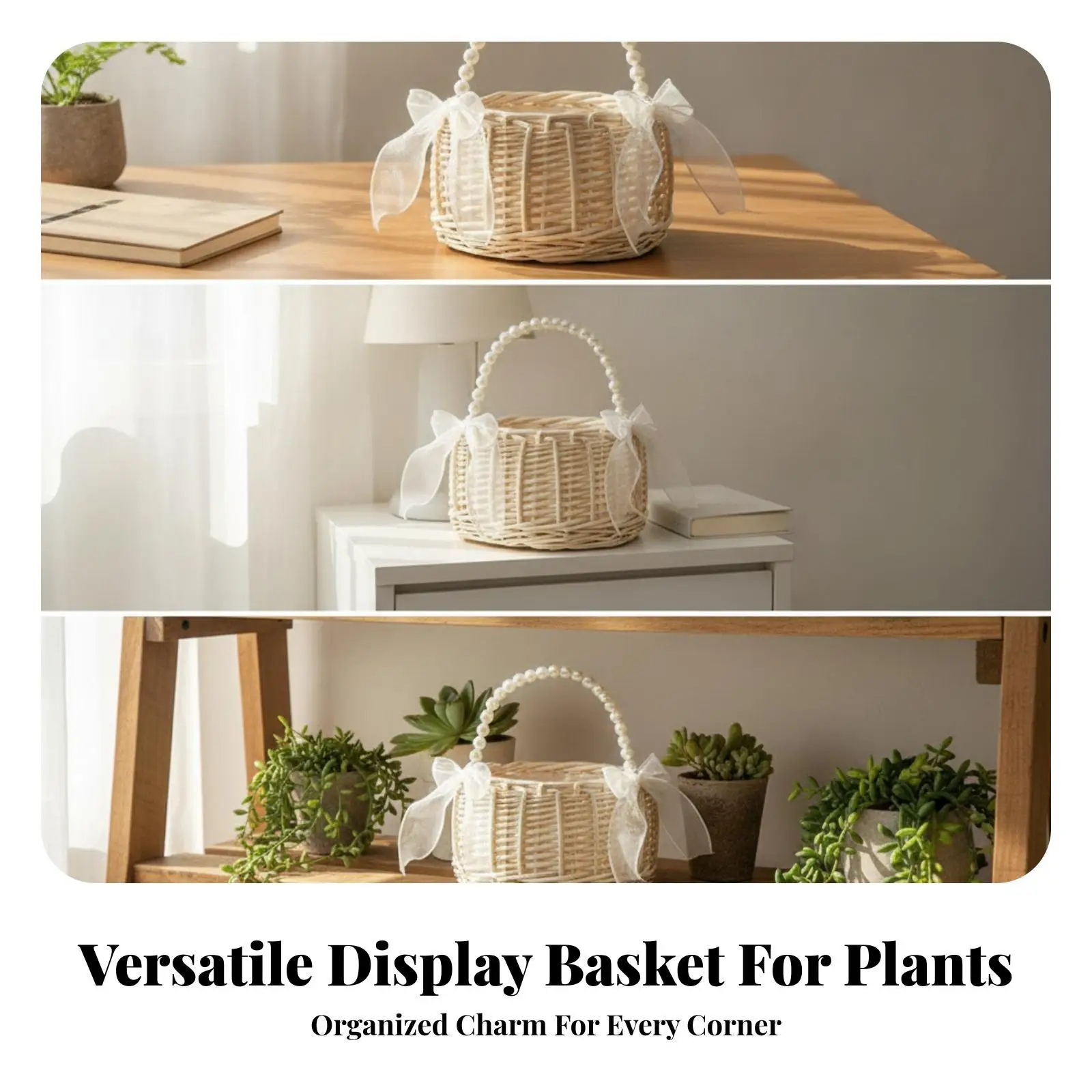 Flat Bottom Woven Storage Basket for Shelf Decor Plant Pot Cover Mini Container Handmade Natural Beige Finish