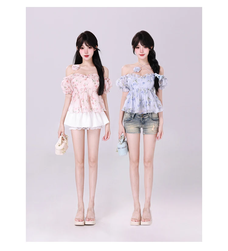 Feminine Sweet Floral Tops Women's 2024 Summer Blouse Short Sleeve Pullover Print Small Shirts Slim Fit Nice Women's Clothes