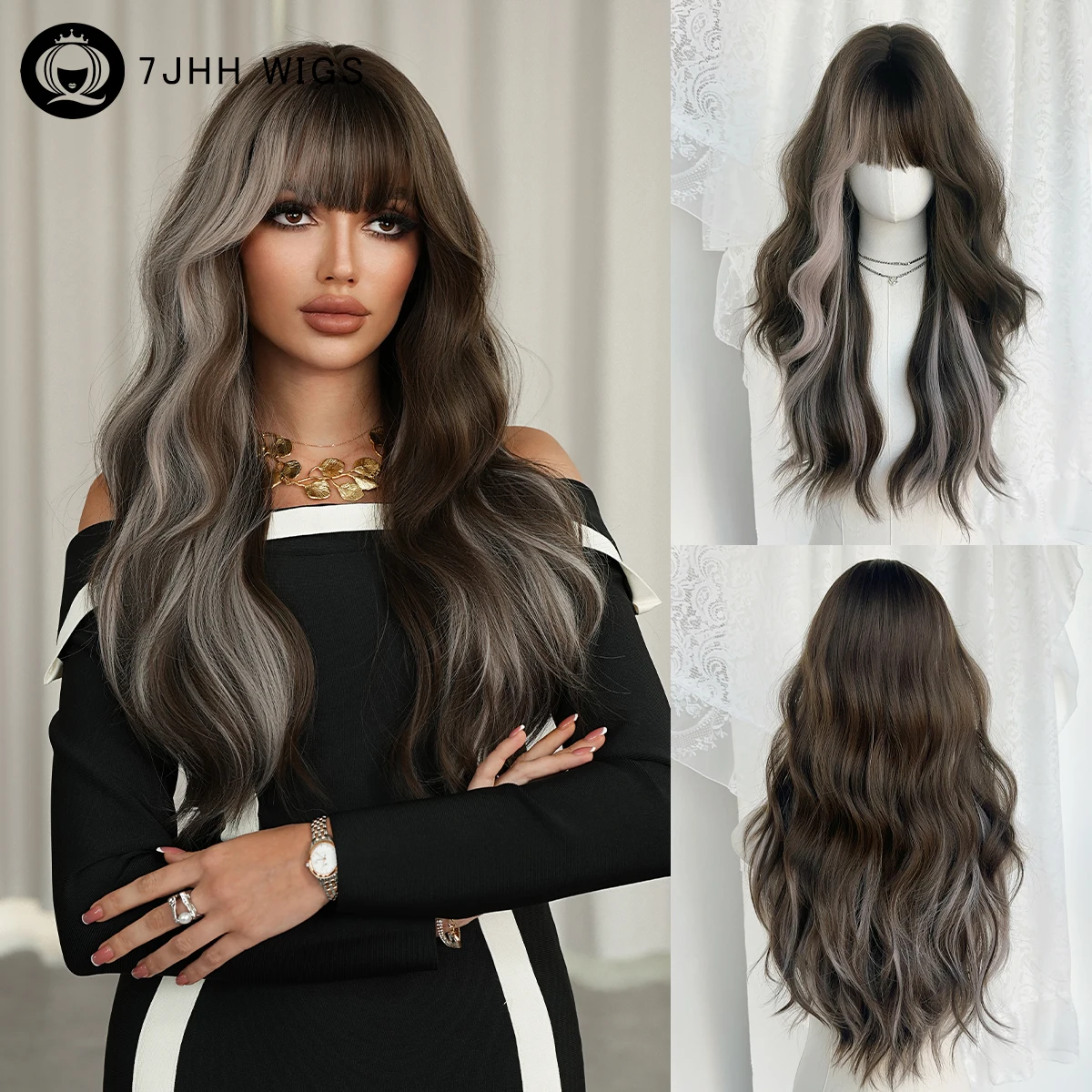7JHH WIGS Lange Wasserwellen-Perücke in Dunkelbraun für Frauen, Synthetische Modische Ombre-Weiße Perücken mit Gepflegtem Pony