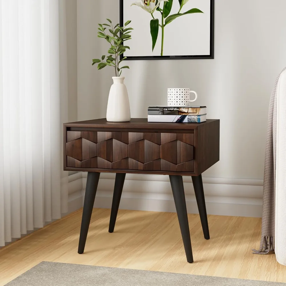 

Solid Wood Nightstands with Drawers - Fully Assembled Rustic Geometric Pattern Bedside Cabinet