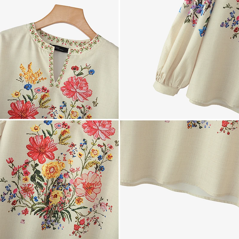 ZANZEA Damska Modna Bluzka Vintage z Nadrukiem Tunika Jesienna Długi Rękaw Latarnia Kwiatowy Wzór Koszule Dekolt V Casual Bluzki Damskie