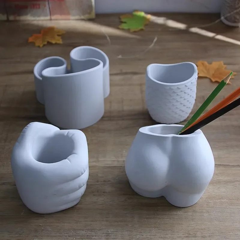 DIY Resin Storage Vase And Fist Pen Holder Set with Crystal Drop Glue Cement Concrete Plaster Silicone Mold