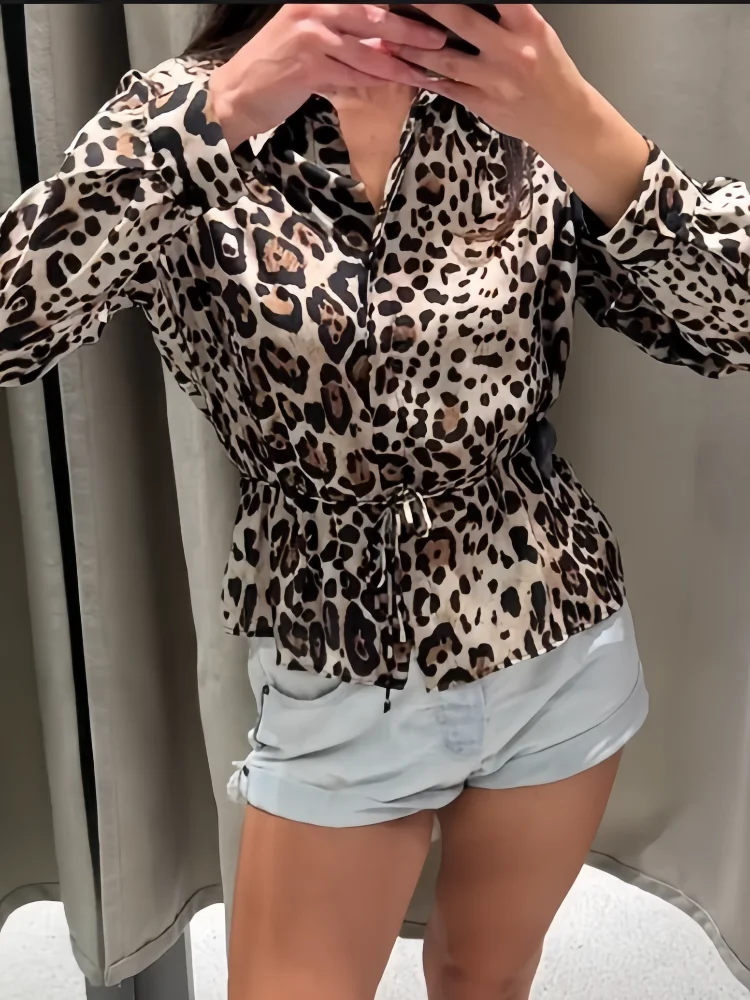 PB&ZA 2024 Spring New Women\'s Fashion and Elegance Casual Versatile Animal Pattern Print Lace up Decoration Slim fit Shirt