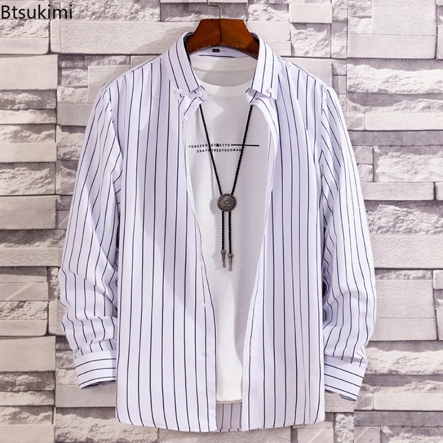 

Men's Classic Striped Shirt Coats Fashion Long-sleeved Lapel Button Shirt Breathable Cardigan Men Casual Versatile Blouses Youth