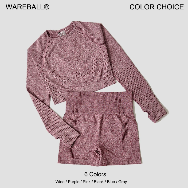 WAREBALL Seamless Long Sleeve Crop Top Shirt High Waist Gym Shorts Yoga Set Workout Clothes Fitness Suits