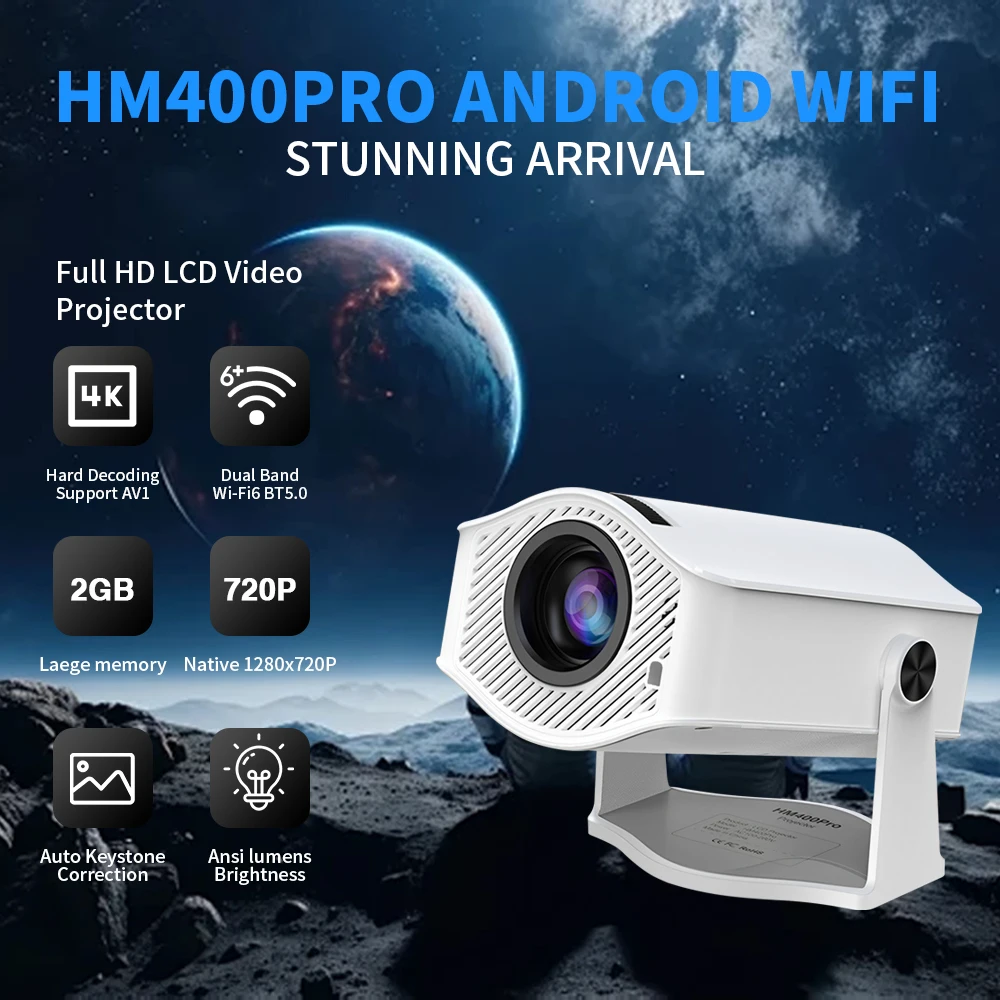 Мини-проектор Salange HM400 Pro 200 ANSI 1280*720P Android 11, Bluetooth Dual WiFi 6 для кинотеатра, портативный проектор на открытом воздухе