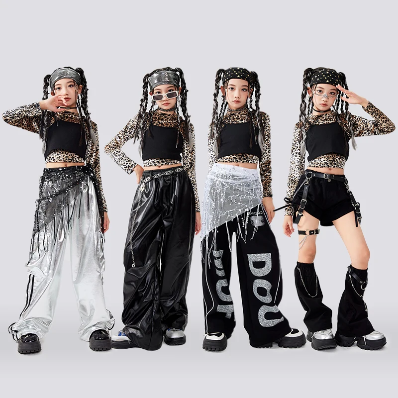 

Hip Hop Girls K-pop Leopard print Crop Tops Cargo Leather Pants Street Dance Costumes Child Jazz Stage Clothes Sets XH2032