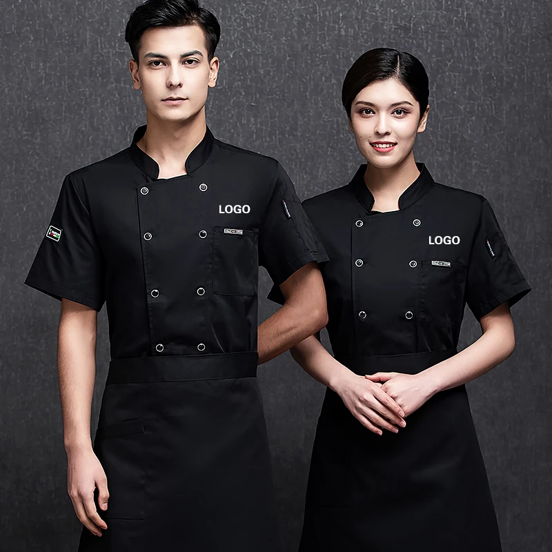 Veste de Chef pour hommes, chemise à manches longues, tablier chapeau, manteau de cuisine de boulangerie, vêtements de cuisine unisexes, uniforme de serveur de Restaurant avec Logo imprimé